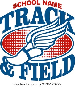 track and field team design with winged foot for school, college or league sports