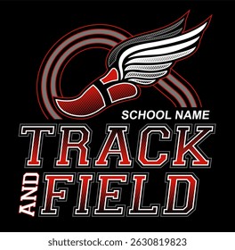 track and field team design with winged foot for school, college or league sports