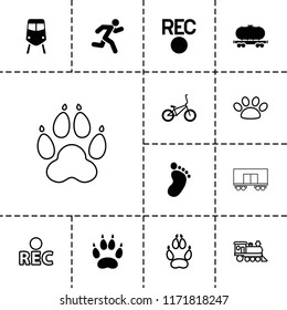 Track icon. collection of 13 track filled and outline icons such as train, foot print, cargo wagon, running, bicycle, animal paw. editable track icons for web and mobile.