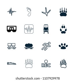 Track icon. collection of 16 track filled and outline icons such as animal paw, cargo wagon, paw, footprint of  icobird, rec, running. editable track icons for web and mobile.