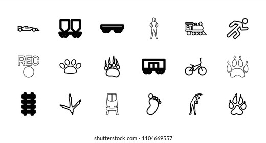 Track icon. collection of 18 track outline icons such as animal paw, footprint of  icobird, foot print, exercising, locomotive. editable track icons for web and mobile.