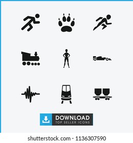 Track icon. collection of 9 track filled icons such as cargo wagon, running, music equalizer, sport car, train, animal paw. editable track icons for web and mobile.