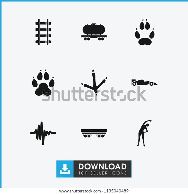 Track icon.\
collection of 9 track filled icons such as footprint of  icobird,\
animal paw, exercising, cargo wagon, music equalizer. editable\
track icons for web and\
mobile.