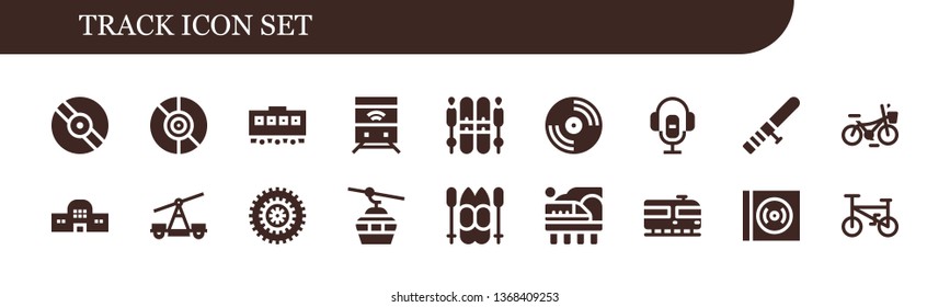 track icon set. 18 filled track icons.  Collection Of - Vinyl, Train, Ski, Voice recorder, Baton, Bicycle, Train station, Cableway