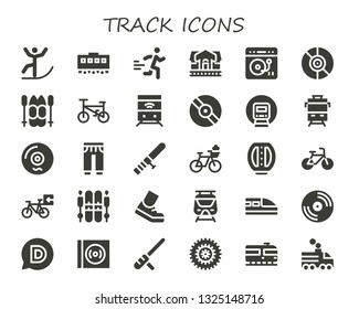 track icon set. 30 filled track icons.  Simple modern icons about  - Skiing, Train, Runner, Train station, Turntable, Vinyl, Ski, Bicycle, Railway, Sweatpants, Baton, Pedal, Running