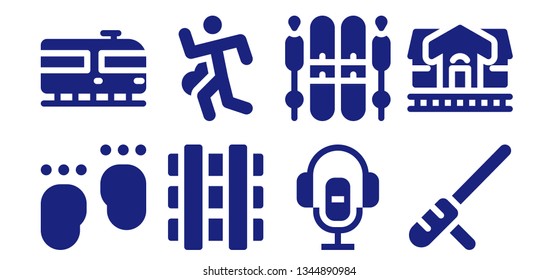 track icon set. 8 filled track icons.  Collection Of - Feet, Train, Railway, Run, Voice recorder, Ski, Baton, Train station