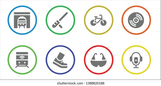 track icon set. 8 filled track icons.  Simple modern icons about  - Tunnel, Train, Baton, Running, Bicycle, Vinyl, Voice recorder