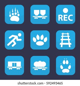 track icon. Set of 9 filled track icons such as animal paw, cargo wagon, railway, rec, running