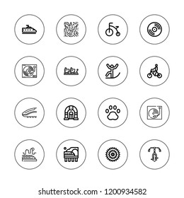 Track icon set. collection of 16 outline track icons with bicycle, jukebox, paw, pawprint, skiing, train, vinyl icons.