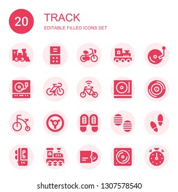 track icon set. Collection of 20 filled track icons included Train, Voice recorder, Bicycle, Vinyl, Turntable, Racing, Footprints, Footprint, Railroad, Stopclock