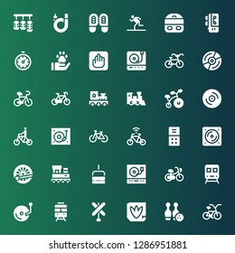 track icon set. Collection of 36 filled track icons included Bicycle, Bowling, Footprint, Railroad, Train, Vinyl, Turntable, Chairlift, Voice recorder, Vestige, Pawprint, Stopclock