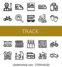 track icon set. Collection of Ski, Bicycle, High speed train, Paw print, Counter, Railway carriage, Train, Foot, Pedal, Feet, Freight wagon, Recorder, Tires, Racing, Bowling icons