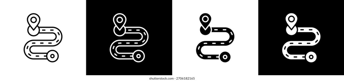 Conjunto de iconos de pista en línea y estilo de glifo sobre fondo blanco y negro