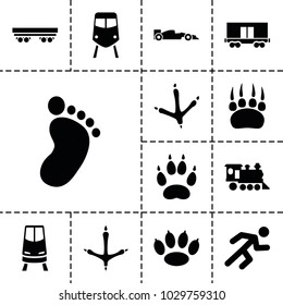 Track icons. set of 13 editable filled track icons such as train, footprint of  icobird, foot print, paw, cargo wagon, locomotive, running, sport car