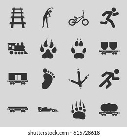 Track icons set. set of 16 track filled icons such as animal paw, footprint of  icobird, foot print, exercising, cargo wagon, locomotive, railway, running, sport car