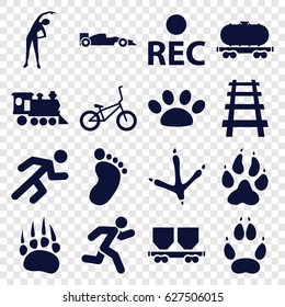 Track icons set. set of 16 track filled icons such as animal paw, footprint of  icobird, foot print, exercising, cargo wagon, locomotive, railway, rec, running, paw, sport car