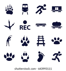 Track icons set. set of 16 track filled icons such as animal paw, footprint of  icobird, train, foot print, exercising, cargo wagon, railway, rec, running