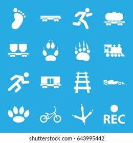 Track icons set. set of 16 track filled icons such as animal paw, footprint of  icobird, foot print, cargo wagon, locomotive, railway, rec, running, sport car, bicycle