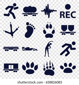Track icons set. set of 16 track filled icons such as animal paw, footprint of  icobird, foot print, exercising, cargo wagon, rec, running, music equalizer, paw