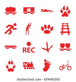 Track icons set. set of 16 track filled icons such as animal paw, footprint of  icobird, foot print, exercising, cargo wagon, locomotive, railway, rec, running, sport car