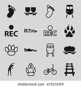 Track icons set. set of 16 track filled and outline icons such as animal paw, train, foot print, exercising, cargo wagon, railway, rec, sport car, bicycle