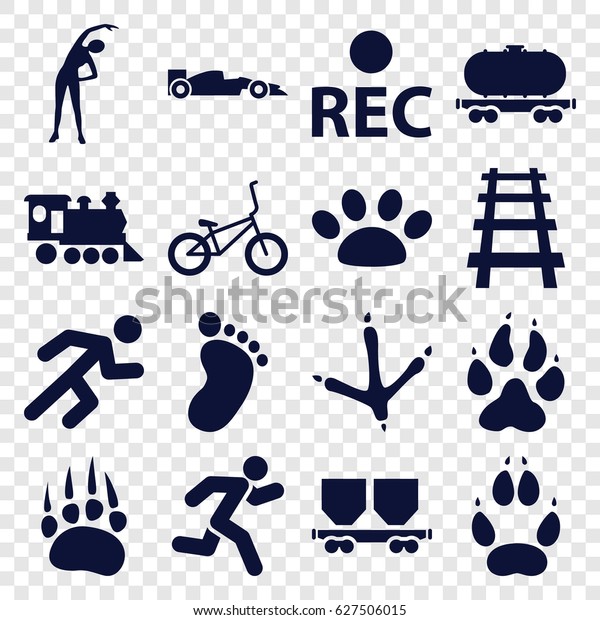 Track\
icons set. set of 16 track filled icons such as animal paw,\
footprint of  icobird, foot print, exercising, cargo wagon,\
locomotive, railway, rec, running, paw, sport\
car