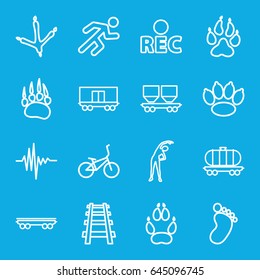Track icons set. set of 16 track outline icons such as animal paw, footprint of  icobird, foot print, exercising, cargo wagon, railway, rec, running, music equalizer, bicycle