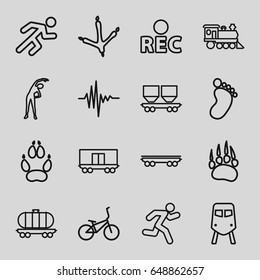 Track icons set. set of 16 track outline icons such as train, animal paw, footprint of  icobird, foot print, exercising, cargo wagon, locomotive, rec, running, music equalizer