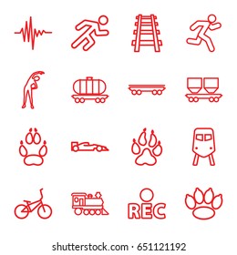 Track icons set. set of 16 track outline icons such as train, animal paw, exercising, cargo wagon, locomotive, railway, rec, running, music equalizer, sport car, bicycle