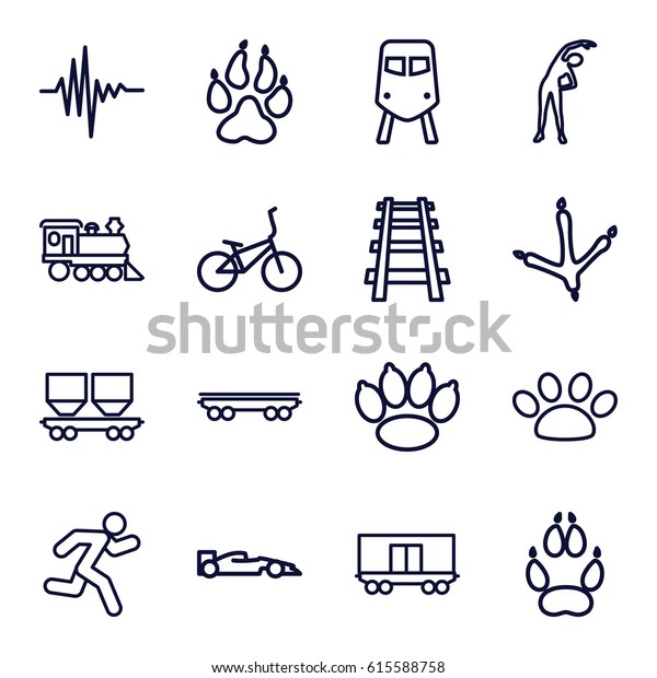 Track icons set.\
set of 16 track outline icons such as train, animal paw, footprint\
of  icobird, exercising, cargo wagon, locomotive, railway, music\
equalizer, running, paw