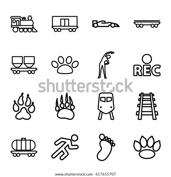 Track icons set. set of 16 track outline\
icons such as train, animal paw, foot print, exercising, cargo\
wagon, locomotive, railway, rec, running,\
paw