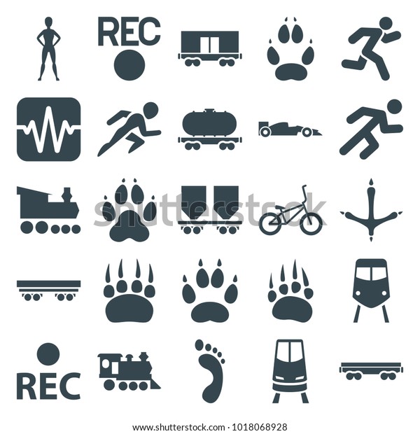 Track icons. set of 25\
editable filled track icons such as train, animal paw, cargo wagon,\
locomotive, rec, running, sport car, bicycle, footprint of \
icobird, foot print