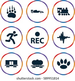 track icons set. Set of 9 track filled icons such as animal paw, cargo wagon, locomotive, rec, music equalizer, running, sport car