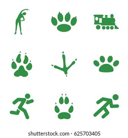 Track icons set. set of 9 track filled icons such as animal paw, footprint of  icobird, exercising, locomotive, running