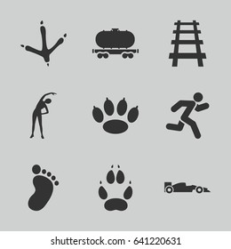 Track icons set. set of 9 track filled icons such as footprint of  icobird, animal paw, foot print, exercising, cargo wagon, railway, running, sport car