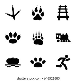 Track icons set. set of 9 track filled icons such as animal paw, footprint of  icobird, cargo wagon, locomotive, railway, running