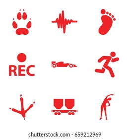 Track icons set. set of 9 track filled icons such as footprint of  icobird, animal paw, foot print, exercising, cargo wagon, rec, music equalizer, running