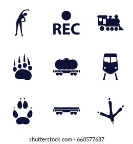 Track icons set. set of 9 track filled icons such as animal paw, footprint of  icobird, train, exercising, cargo wagon, locomotive