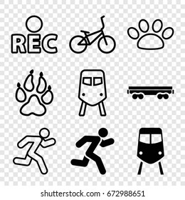 Track icons set. set of 9 track filled and outline icons such as train, cargo wagon, running, animal paw, rec, paw