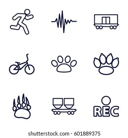 track icons set. Set of 9 track outline icons such as animal paw, cargo wagon, rec, music equalizer, running, paw