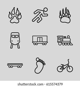 Track icons set. set of 9 track outline icons such as train, animal paw, foot print, cargo wagon, locomotive, running