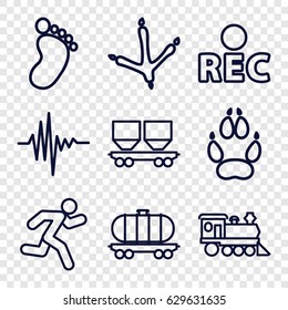 Track icons set. set of 9 track outline icons such as footprint of  icobird, animal paw, foot print, cargo wagon, locomotive, rec, music equalizer