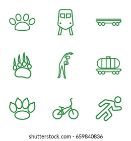 Track icons set. set of 9 track outline icons such as train, animal paw, exercising, cargo wagon, running, paw