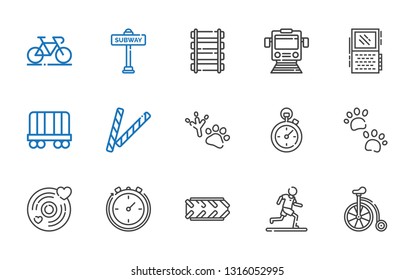 track icons set. Collection of track with bicycle, running, tire, stopclock, vinyl, pawprints, footprint, decorative, wagon, voice recorder. Editable and scalable track icons.