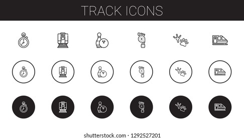 track icons set. Collection of track with stopclock, train, bowling, foot, footprint. Editable and scalable track icons.