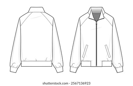 Track jacket technical fashion illustration. Track jacket vector template. Front and back view. Raglan sleeves. Unisex. Activewear. Sportswear. Zip-up jacket. Minimalist design. Unisex. CAD mockup.