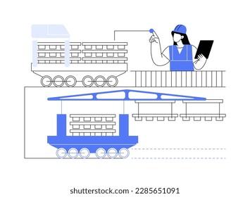 Abstrakte Vektorgrafik von Track-Legemaschinen. Einsatz von Maschinen für Gleisverlegung, Infrastrukturbau, Bahnbau, abstrakte Metapher für Industrietechnik.