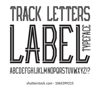 Track Letters Label typeface. Black striped font. Isolated english alphabet.