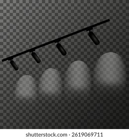 
Track lighting system with five spotlights directed downwards and slightly to the right on a transparent background. Diffused lighting effect. For lighting paintings, decor. Vector illustration EPS10