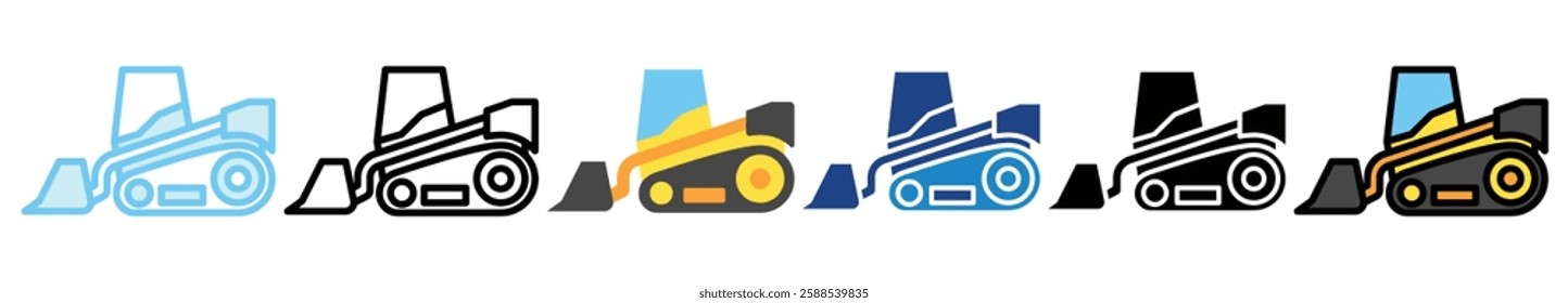 Track Loader multi style, mini illustration icon. outline, flat, glyph, line color, UI, UX, app and web, digital or print. related to heavy machinery, industry, road construction theme